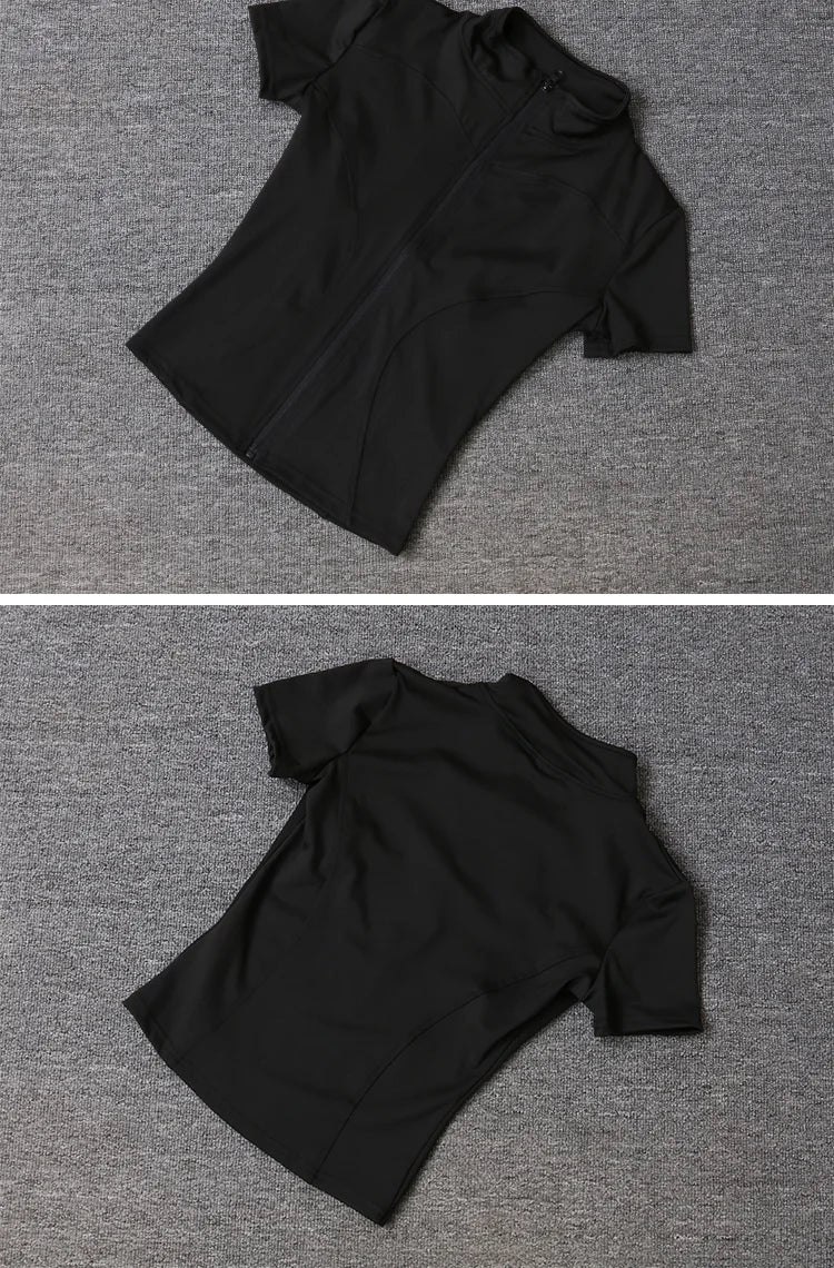 Summer High Quality Waist Slimming Training Tops Women's Quick-drying Tight Stand Collar Full Zipper Short Sleeves Yoga shirts