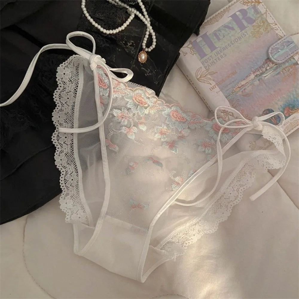 Lingerie Low Waist Embroidery Flower Panties Cotton Crotch Sweet Mesh Lace Briefs Transparent Underwear for Women Lady