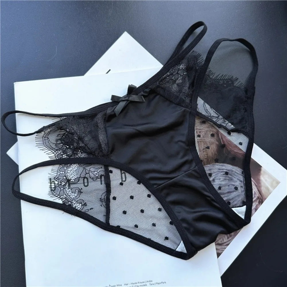 Lingerie Low Waist Underwear for Women Mesh Bow Sweet Lace Panties Transparent Hollow Satin Silk Briefs Lady