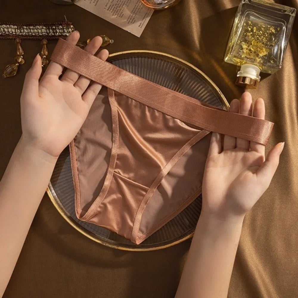 Lingerie Low Waist Satin Silk Briefs Solid Color Seamless Ice Silk Panties Cotton Crotch Underpants Women's Underwear Lady