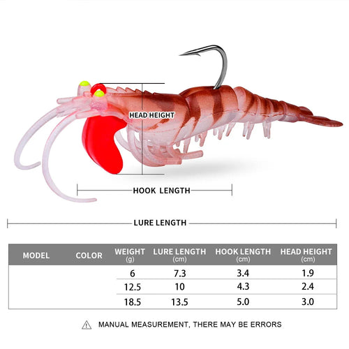 1pcs Luminous Eyes Silicone Shrimp Baits 6g 13g 19g Bionic Soft Prawn Lures Metal Jig Head Sinking Swimbait Wobbler Jigging Hook