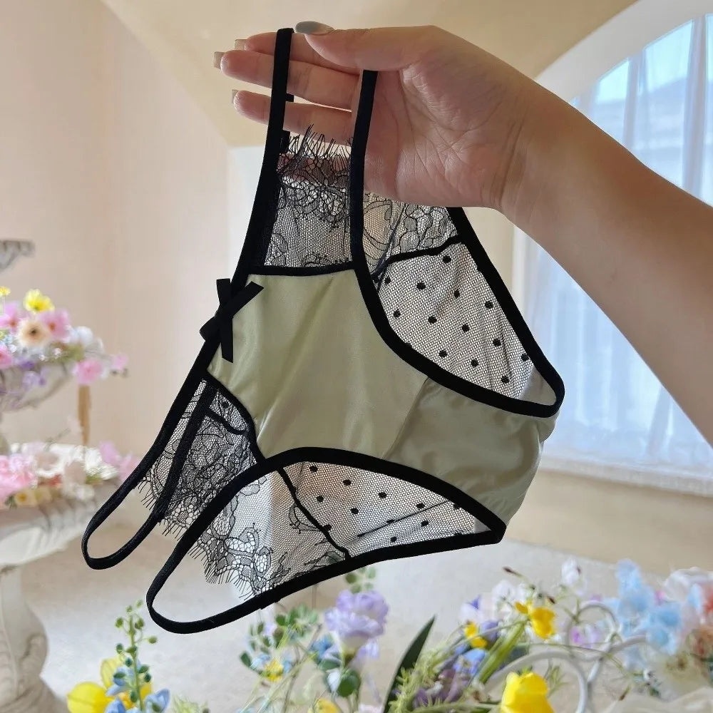Lingerie Low Waist Underwear for Women Mesh Bow Sweet Lace Panties Transparent Hollow Satin Silk Briefs Lady