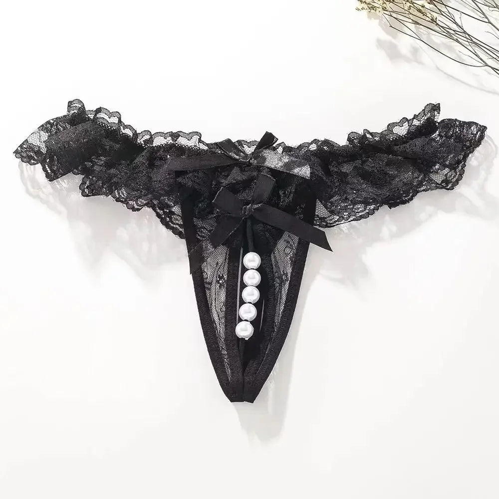 Lingeries Sexy G-String Women's Thongs Sexy Pearl Beaded Pantiesr for Women Low Waist T Shaped Crotchless Woman Lace Lingerie