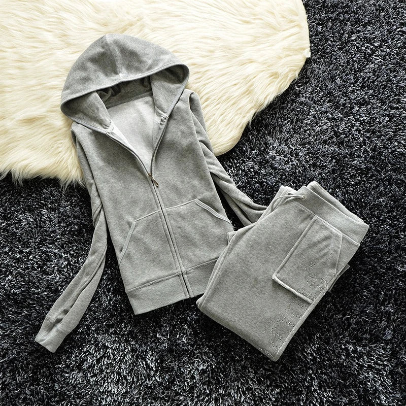 2 Pieces of Women's Outfit 2025 Fall Winter Women's Tracksuit Crystal Hoodies and Pant Sets Y2K Velvet Tracksuit