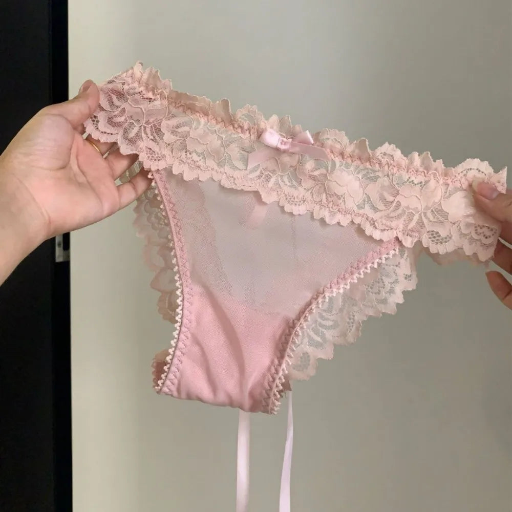 Lingerie Bow Lace Flower Panties Seamless Low Waist Lace Mesh Briefs Transparent Lace-up Briefs Girl