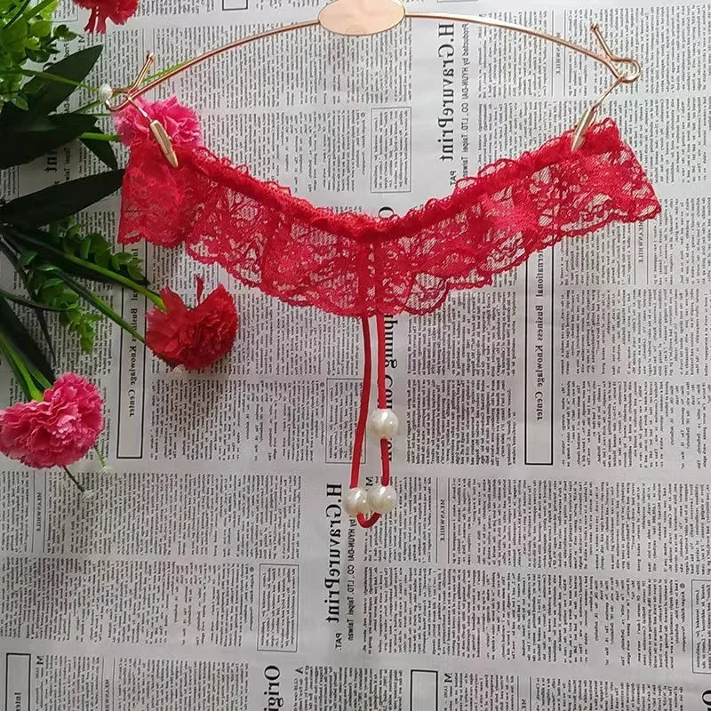 Lingeries Sexy G-String Women's Thongs Sexy Pearl Beaded Pantiesr for Women Low Waist T Shaped Crotchless Woman Lace Lingerie