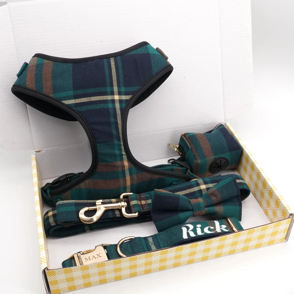 Tweed Tartan Dog Collar Bow Tie Leash Matching Harness,Poo Bag,Coat Pet Accessories