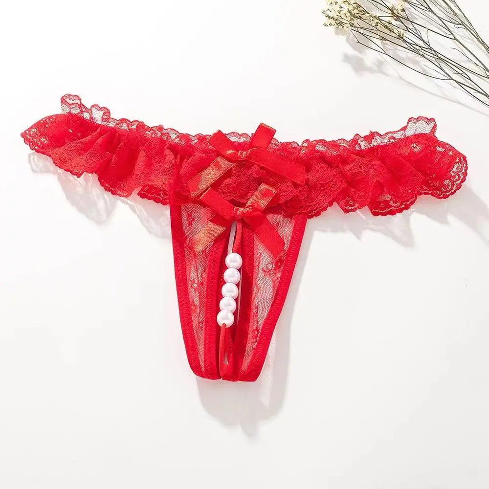 Lingeries Sexy G-String Women's Thongs Sexy Pearl Beaded Pantiesr for Women Low Waist T Shaped Crotchless Woman Lace Lingerie