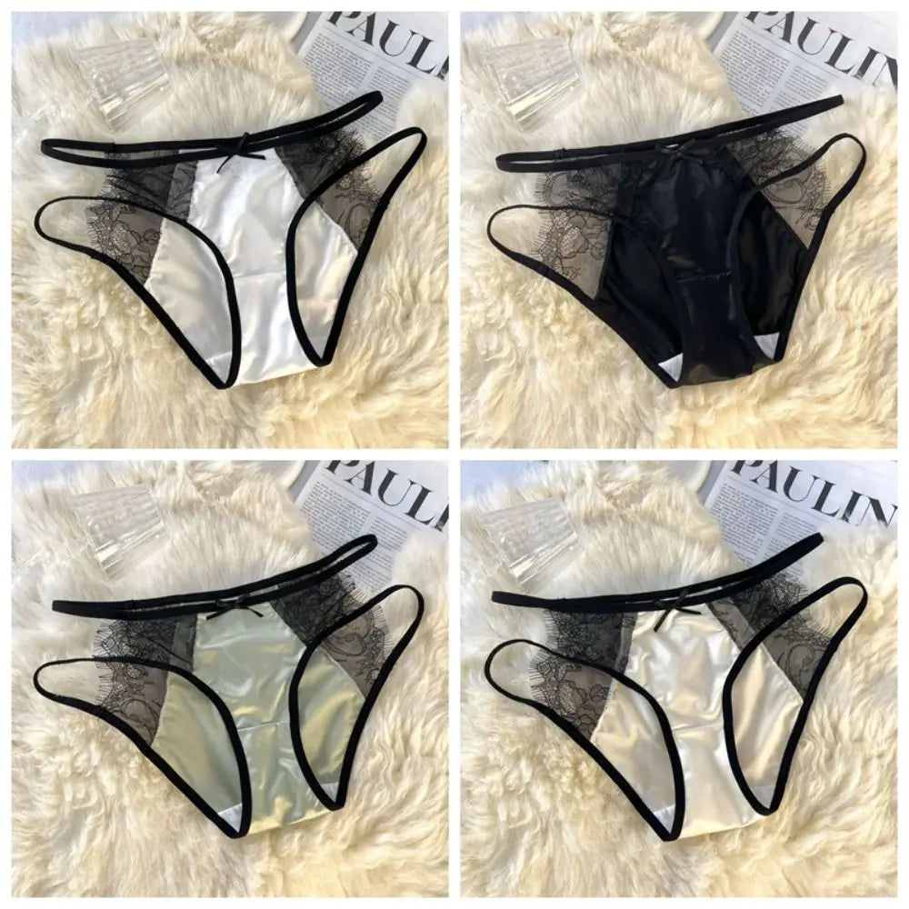 Lingerie Low Waist Underwear for Women Mesh Bow Sweet Lace Panties Transparent Hollow Satin Silk Briefs Lady