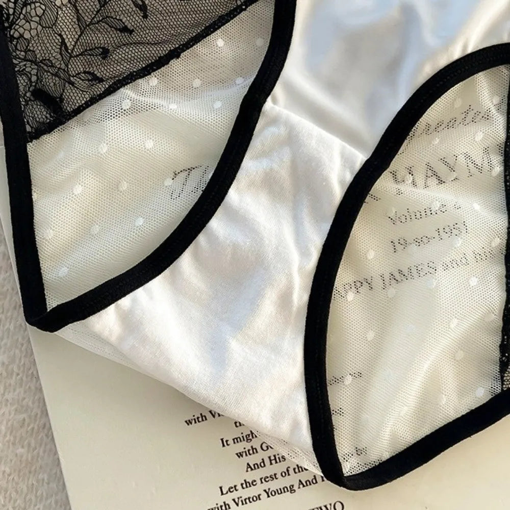 Lingerie Low Waist Underwear for Women Mesh Bow Sweet Lace Panties Transparent Hollow Satin Silk Briefs Lady