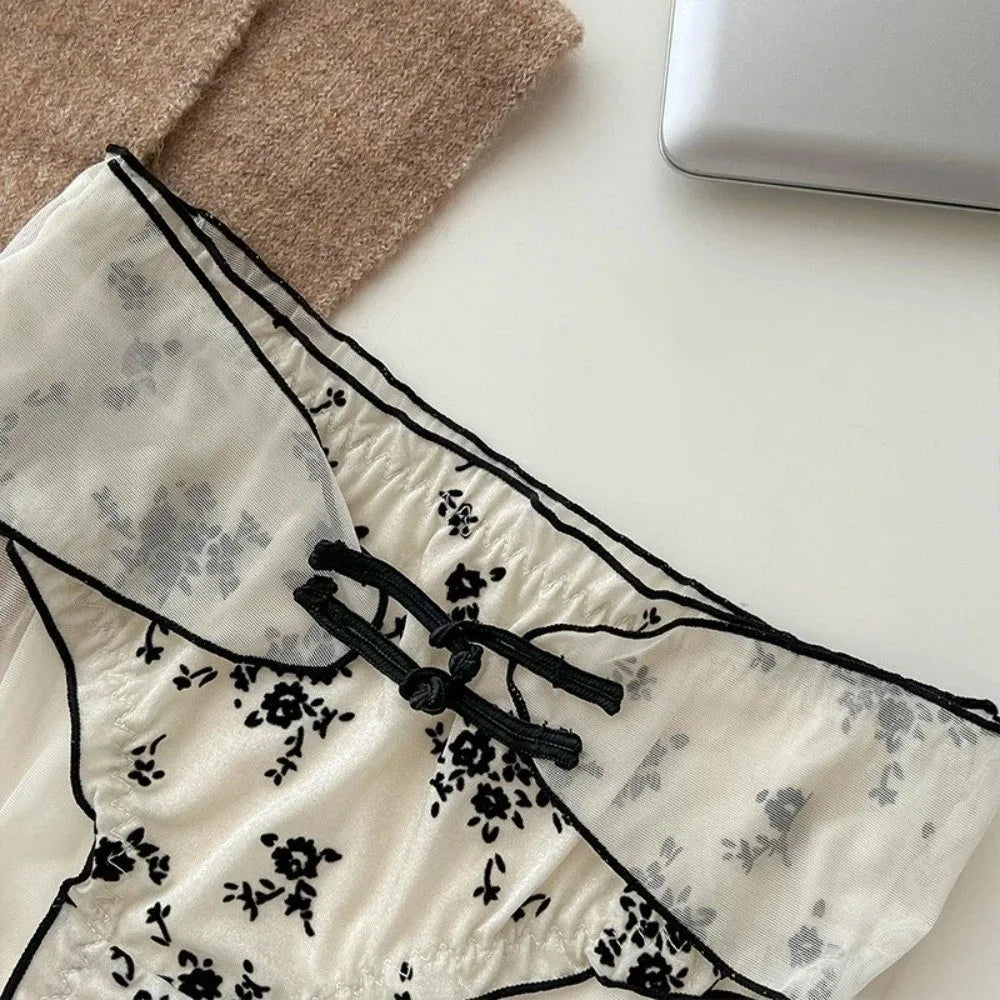 Lingerie Low Waist Women Underwear Ruffle Buckle Design Chinese Style Briefs Transparent Mesh Ice Silk Panties Retro Style