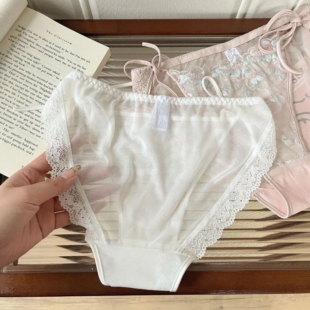 Lingerie Low Waist Embroidery Flower Panties Cotton Crotch Sweet Mesh Lace Briefs Transparent Underwear for Women Lady