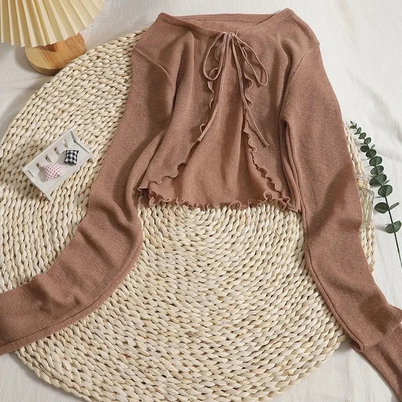 Summer Women Thin Sunscreen Cardigan Lace-up Knitwear Tops Female Korean Style Lantern Sleeve Short Coat Casual Sun Protected