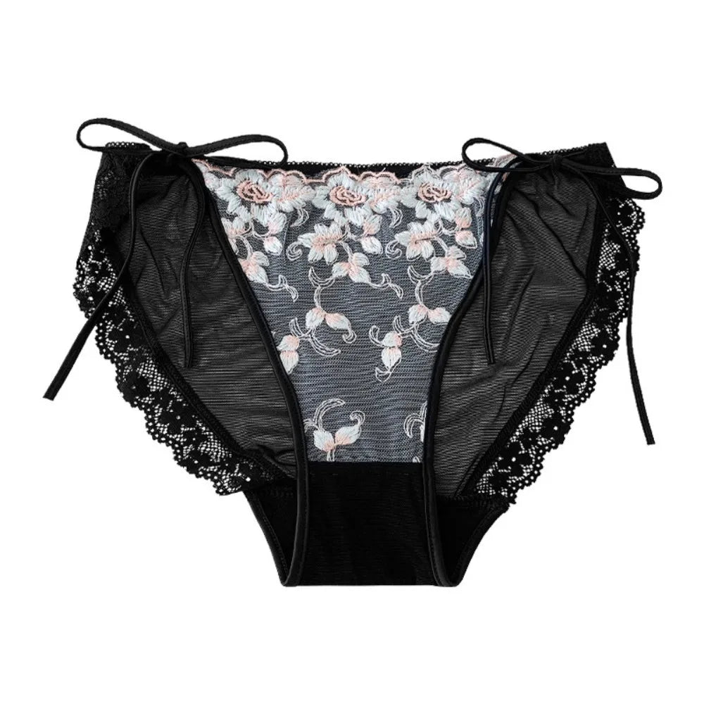 Lingerie Low Waist Embroidery Flower Panties Cotton Crotch Sweet Mesh Lace Briefs Transparent Underwear for Women Lady