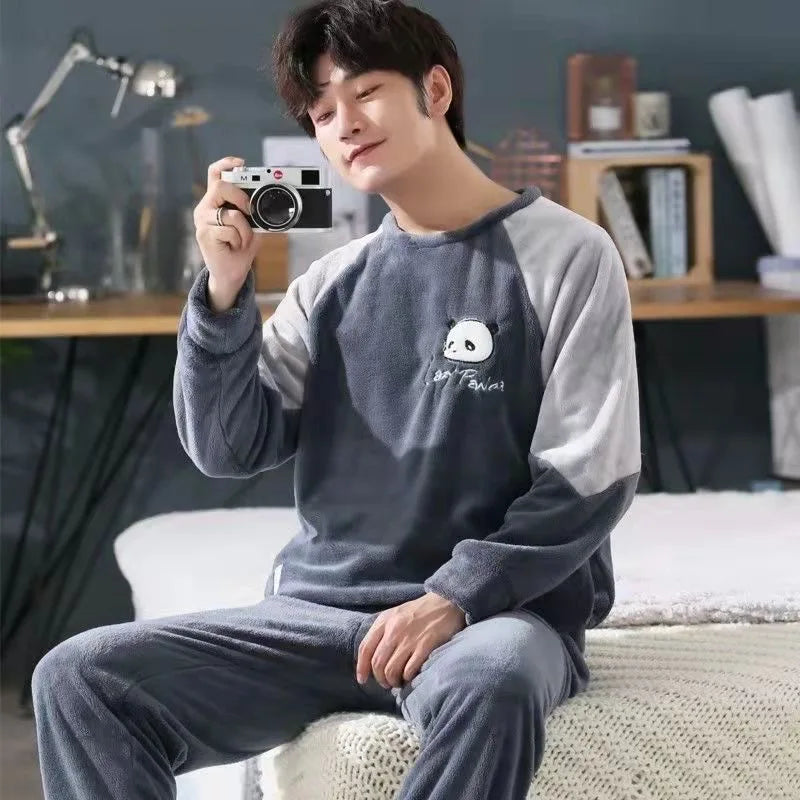 Winter Flannel Pajamas Men Korean Version of the Striped Padded Long-Sleeved Cartoon Nightwear Homewear Set Sleepwear Loungewear