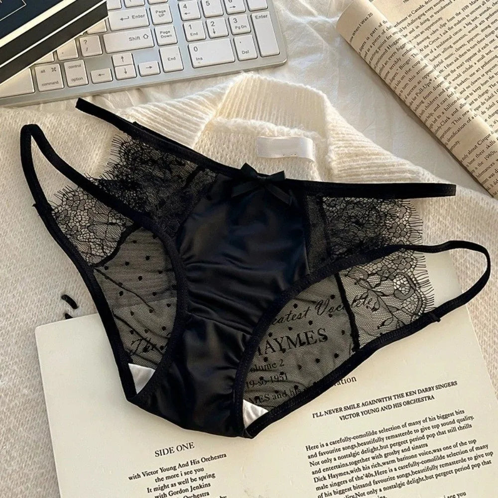 Lingerie Low Waist Underwear for Women Mesh Bow Sweet Lace Panties Transparent Hollow Satin Silk Briefs Lady